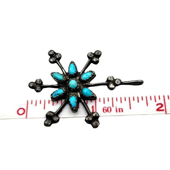Zuni Petite Point Signed Turquoise Sterling Silver Snowflake Pendant 1.5 Vintage - Picture 5 of 5